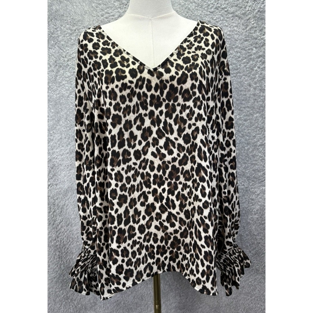 Vince Camuto Womens 2X Leopard Print Blouse V Neck Long Sleeve Ruffle Cuff